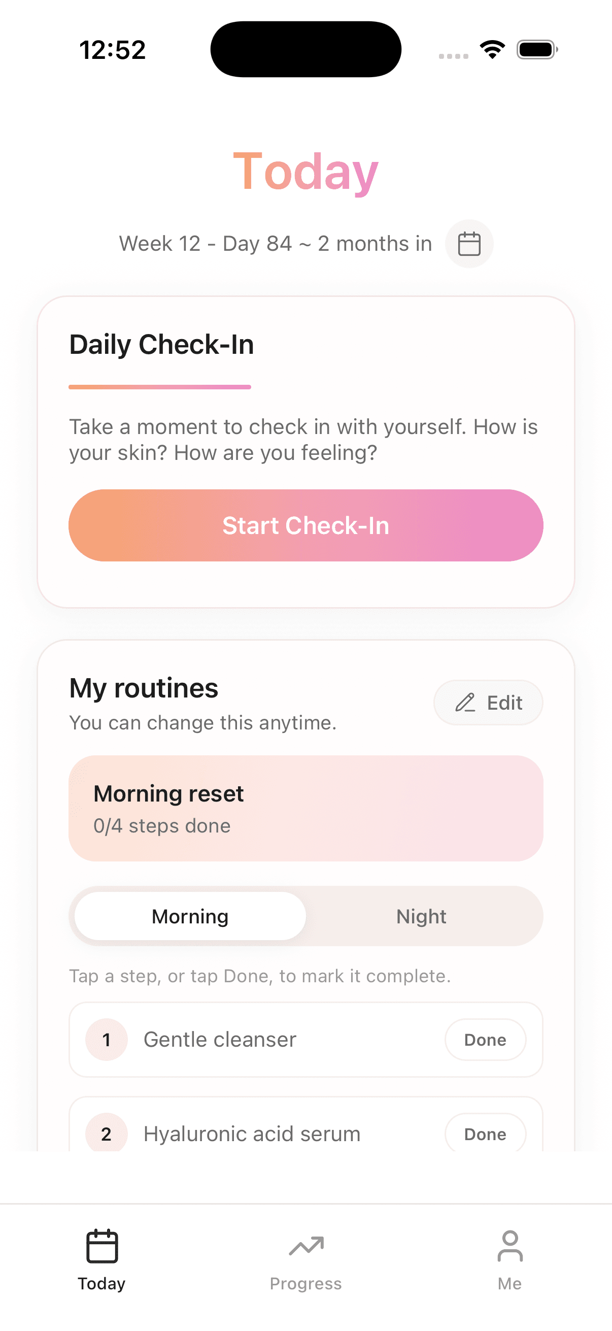 Cleyra today screen — daily check-in and routines